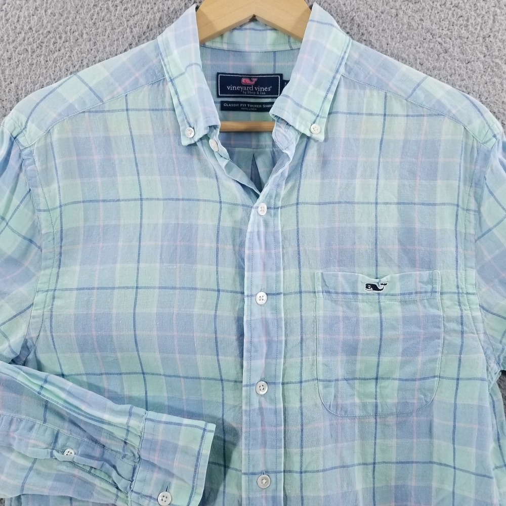 Vineyard Vines Shirt Men Small Blue Linen Classic Fit Tucker Shirt Plaid Coastal